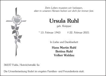 Traueranzeige von Ursula Ruhl von FZ