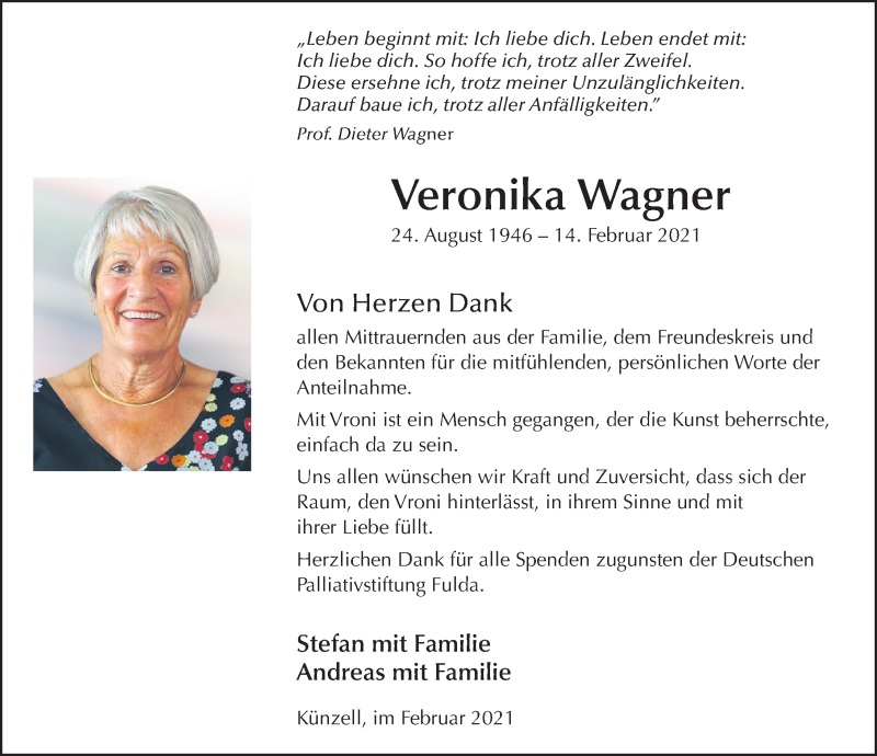  Traueranzeige für Veronika Wagner vom 27.02.2021 aus FZ