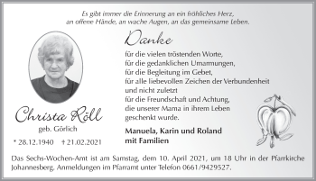 Traueranzeige von Christa Röll von FZ