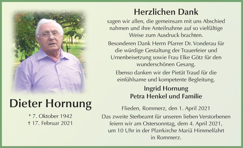  Traueranzeige für Dieter Hornung vom 01.04.2021 aus FZ