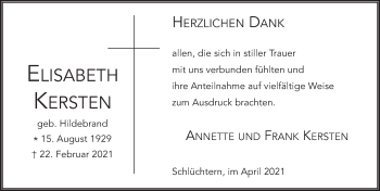 Traueranzeige von Elisabeth Kersten von FZ
