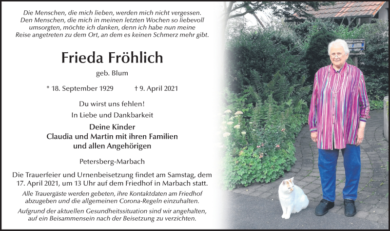  Traueranzeige für Frieda Fröhlich vom 13.04.2021 aus FZ