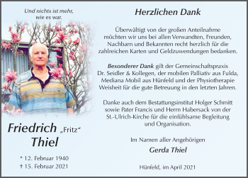 Traueranzeige von Friedrich Thiel von FZ