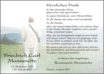 Traueranzeige von Friedrich Carl Mannewitz von FZ