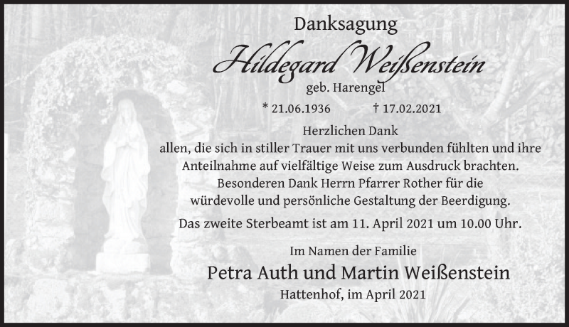  Traueranzeige für Hildegard Weißenstein vom 01.04.2021 aus FZ