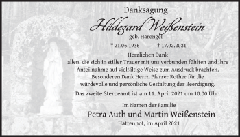 Traueranzeige von Hildegard Weißenstein von FZ