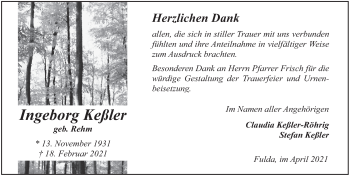 Traueranzeige von Ingeborg Keßler von FZ