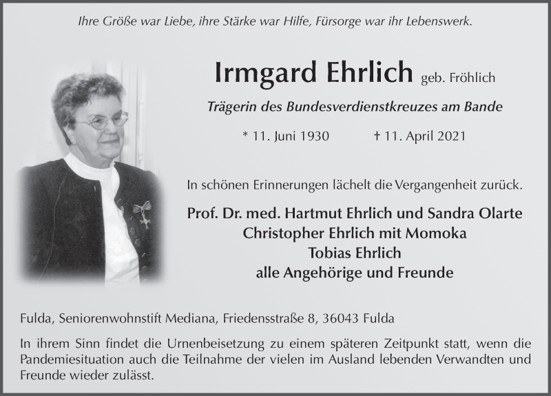 Traueranzeige für Irmgard Ehrlich vom 14.04.2021 aus FZ