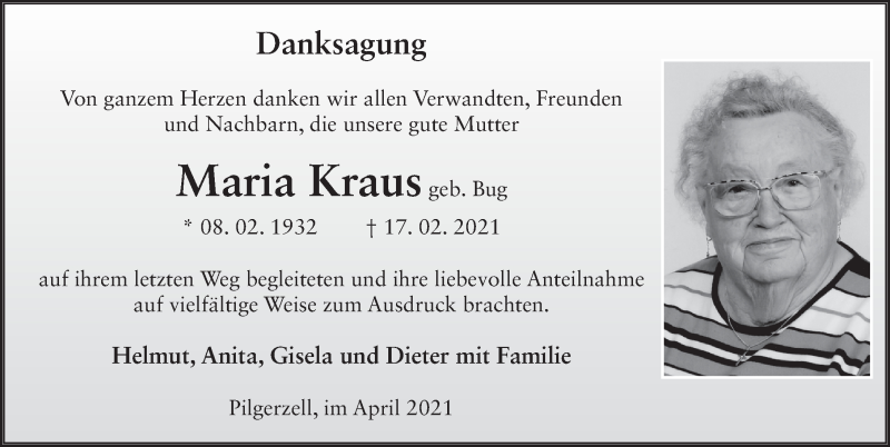  Traueranzeige für Maria Kraus vom 10.04.2021 aus FZ