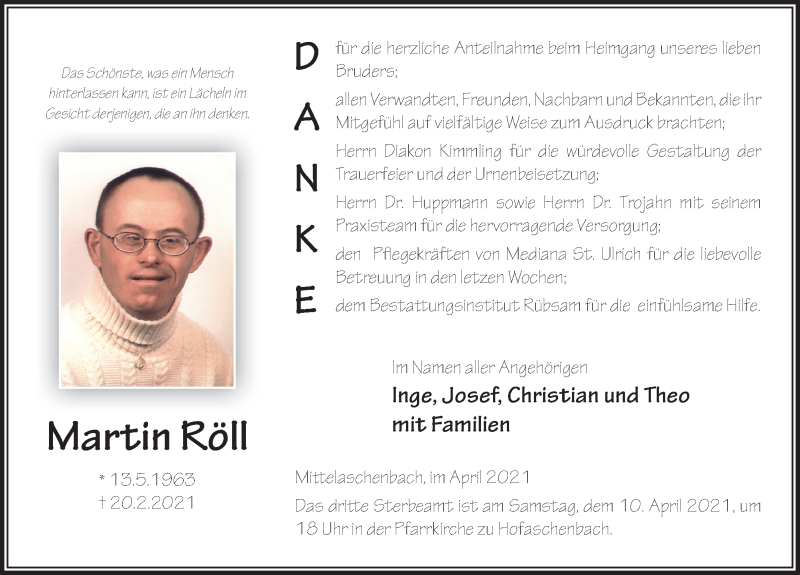  Traueranzeige für Martin Röll vom 08.04.2021 aus FZ