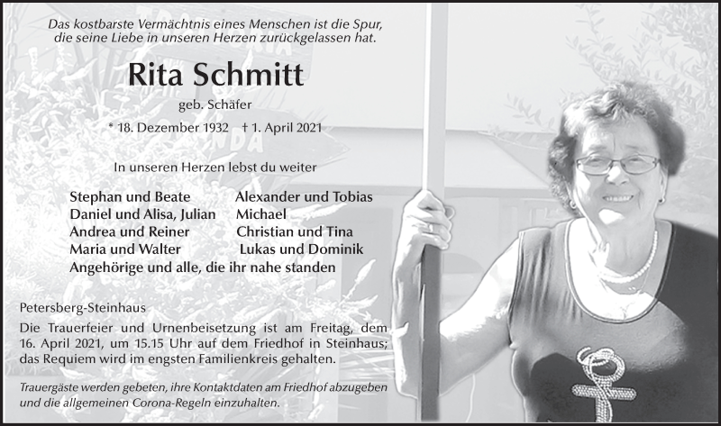  Traueranzeige für Rita Schmitt vom 13.04.2021 aus FZ