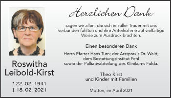 Traueranzeige von Roswitha Leibod-Kirst von FZ