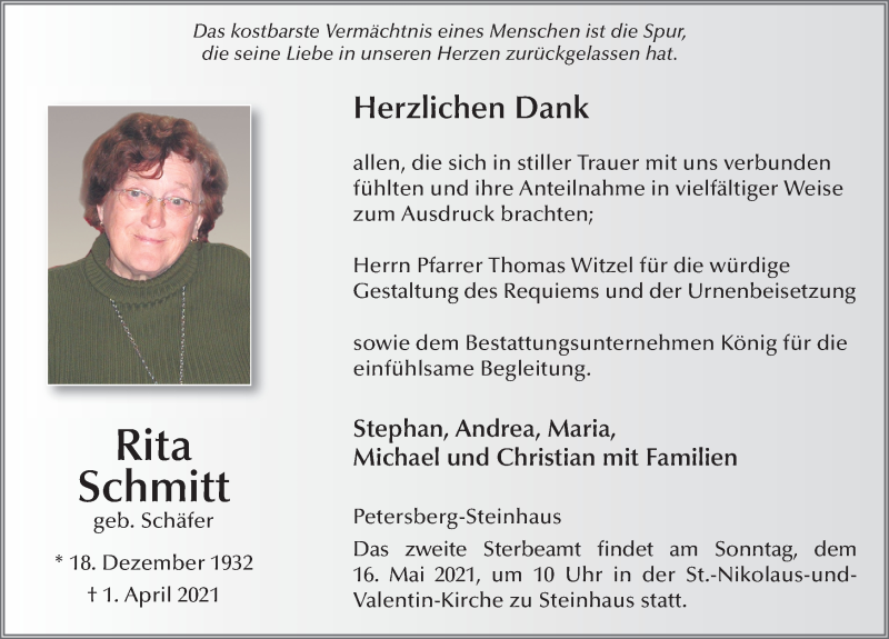  Traueranzeige für Rita Schmitt vom 08.05.2021 aus FZ