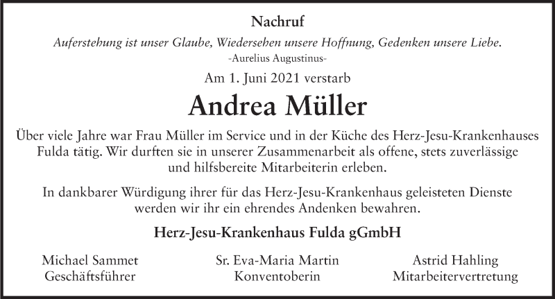  Traueranzeige für Andrea Müller vom 17.06.2021 aus FZ