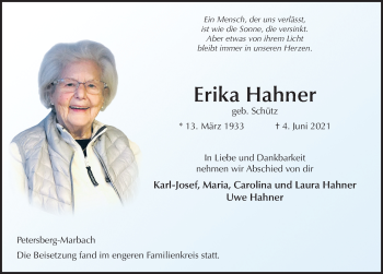 Traueranzeige von Erika Hahner von FZ