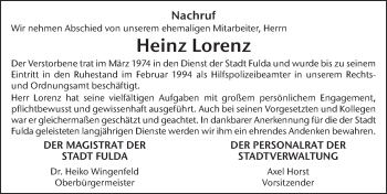 Traueranzeige von Heinz Lorenz von FZ