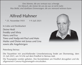 Traueranzeige von Alfred Hahner von FZ