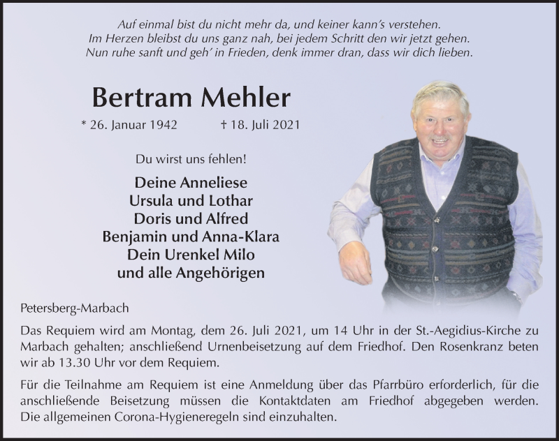  Traueranzeige für Bertram Mehler vom 22.07.2021 aus FZ