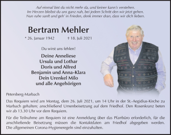 Traueranzeige von Bertram Mehler von FZ