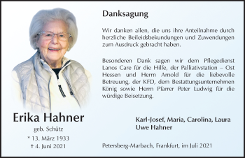 Traueranzeige von Erika Hahner von FZ