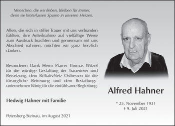 Traueranzeige von Alfred Hahner von FZ
