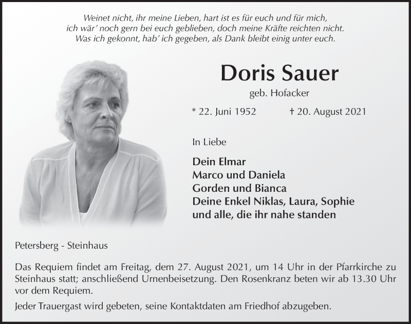  Traueranzeige für Doris Sauer vom 24.08.2021 aus FZ