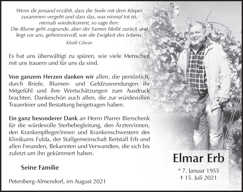  Traueranzeige für Elmar Erb vom 20.08.2021 aus FZ