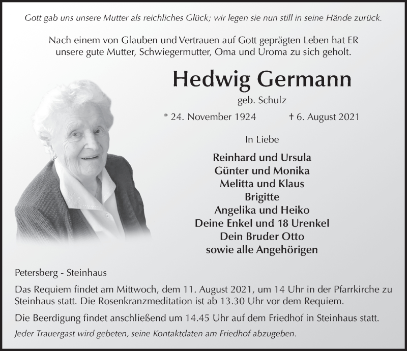  Traueranzeige für Hedwig Germann vom 10.08.2021 aus FZ