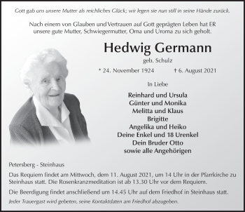 Traueranzeige von Hedwig Germann von FZ