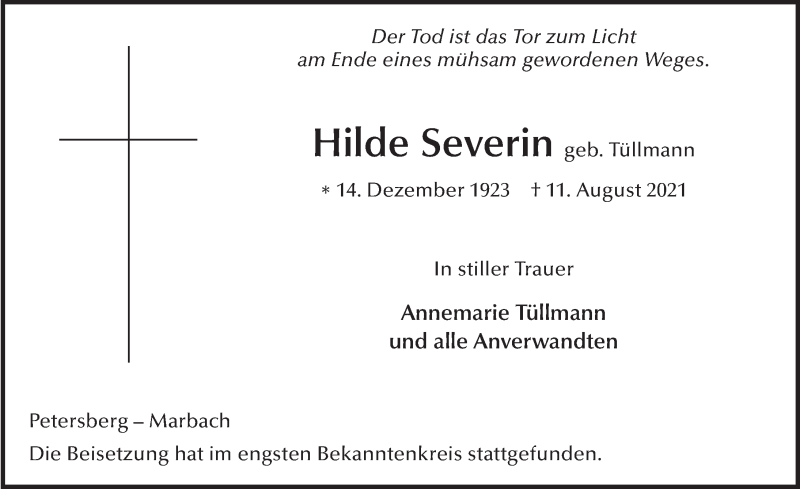  Traueranzeige für Hilde Severin vom 25.08.2021 aus FZ
