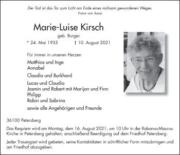 Traueranzeige von Marie-Luise Kirsch von FZ