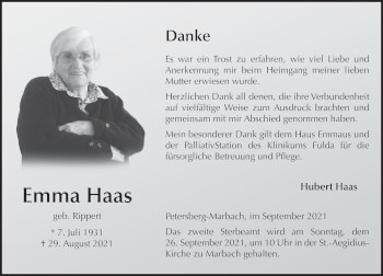 Traueranzeige von Emma Haas von FZ