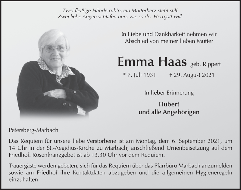  Traueranzeige für Emma Haas vom 01.09.2021 aus FZ