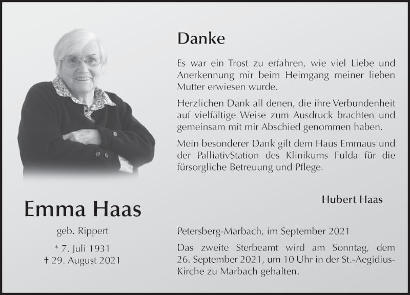  Traueranzeige für Emma Haas vom 18.09.2021 aus FZ