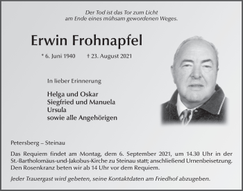 Traueranzeige von Erwin Frohnapfel von FZ