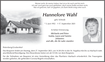 Traueranzeige von Hannelore Wahl von FZ