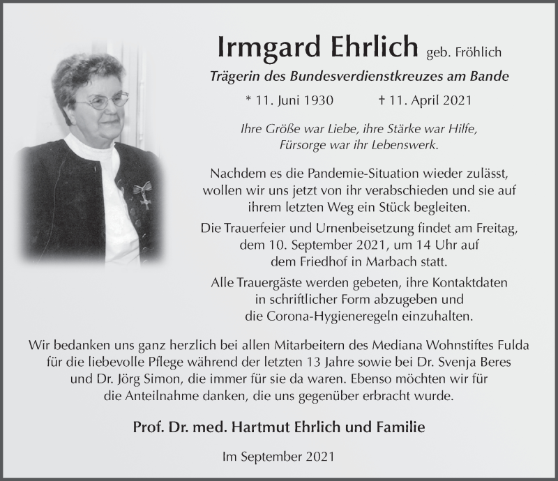  Traueranzeige für Irmgard Ehrlich vom 04.09.2021 aus FZ