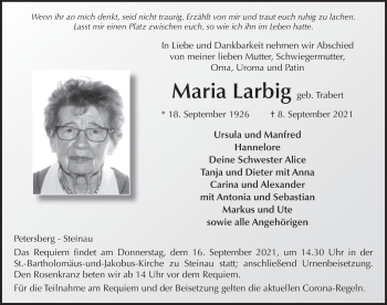 Traueranzeige von Maria Larbig von FZ