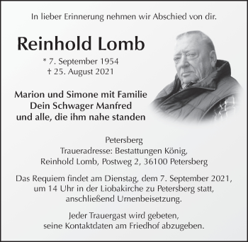 Traueranzeige von Reinhold Lomb von FZ