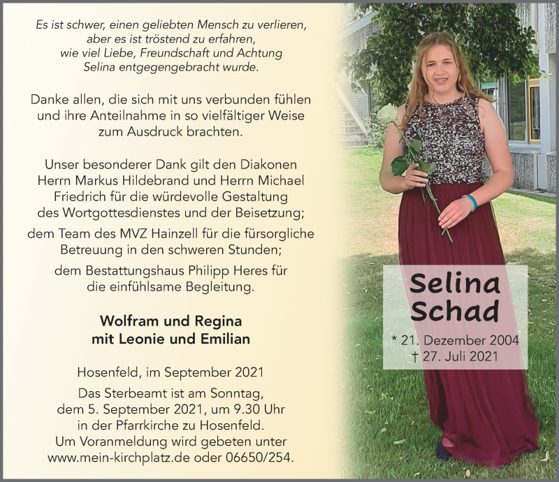  Traueranzeige für Selina Schad vom 03.09.2021 aus FZ