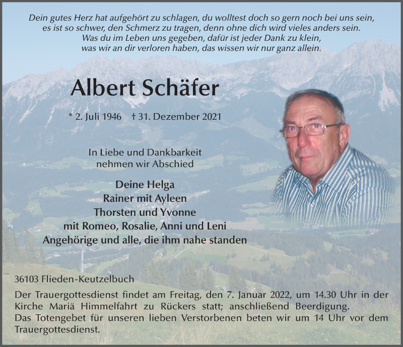  Traueranzeige für Albert Schäfer vom 05.01.2022 aus FZ