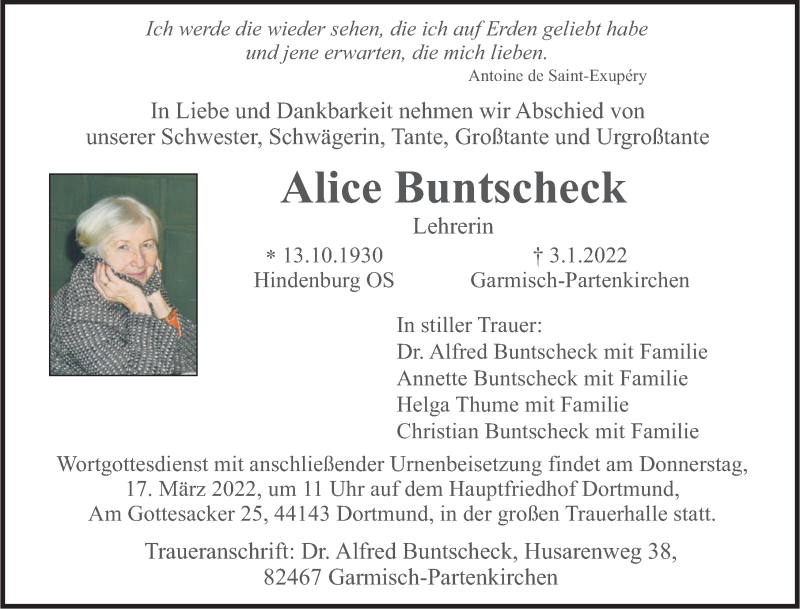  Traueranzeige für Alice Buntscheck vom 15.01.2022 aus FZ