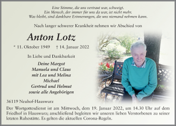Traueranzeige von Anton Lotz von FZ
