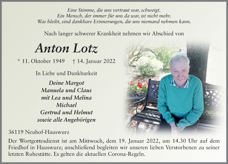  Traueranzeige für Anton Lotz vom 17.01.2022 aus FZ