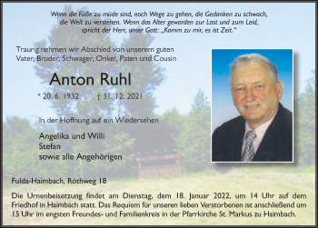 Traueranzeige von Anton Ruhl von FZ