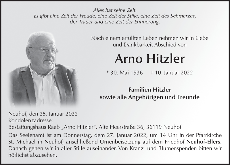  Traueranzeige für Arno Hitzler vom 25.01.2022 aus FZ