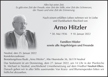 Traueranzeige von Arno Hitzler von FZ