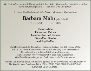 Traueranzeige von Barbara Mahr von FZ