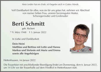 Traueranzeige von Berti Schmitt von FZ