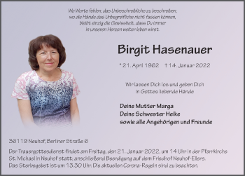 Traueranzeige von Birgit Hasenauer von FZ